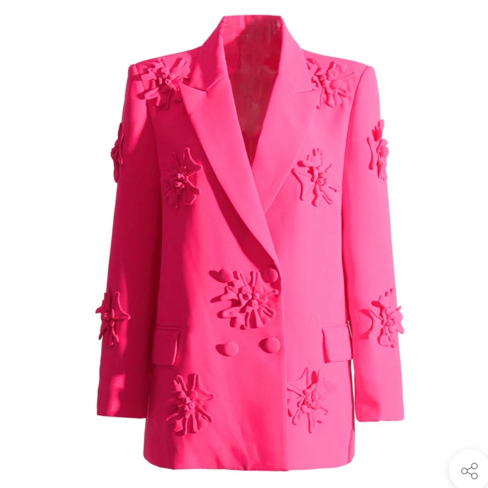 Edgy Floral Embroidered Peak Lapel Double Breasted Blazer - Hot Pink